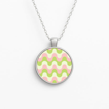 Green And Pink Retro Waves Pattern Circle Necklace