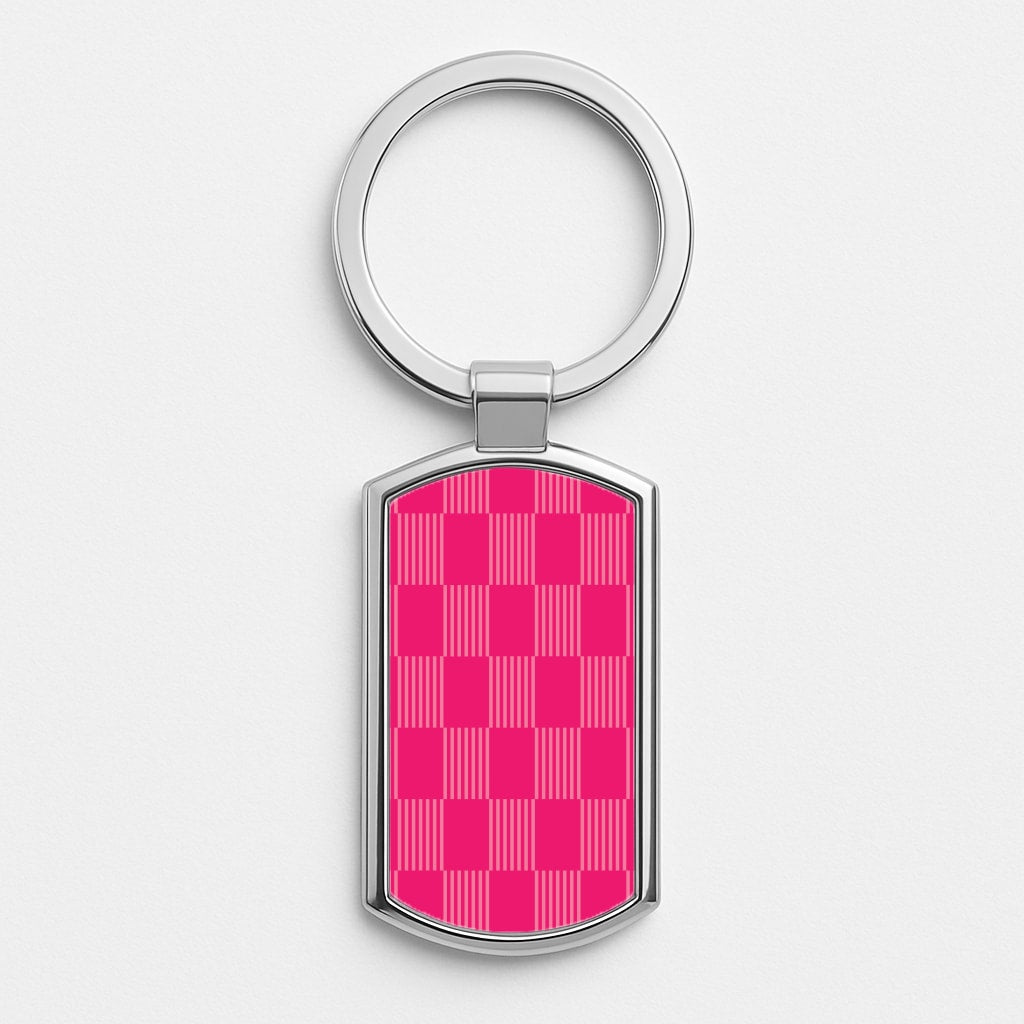 Neon Pink Checkered Abstract Pattern Silver Keyring