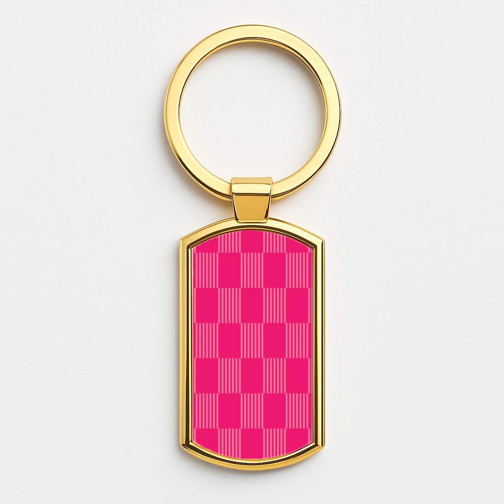Neon Pink Checkered Abstract Pattern Gold Keyring