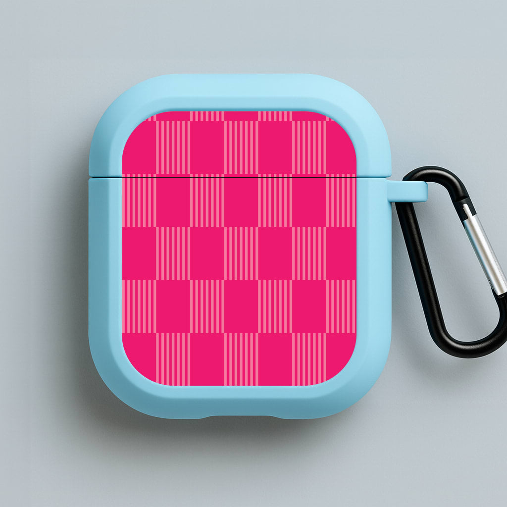 Neon Pink Checkered Abstract Pattern Blue AirPods Case