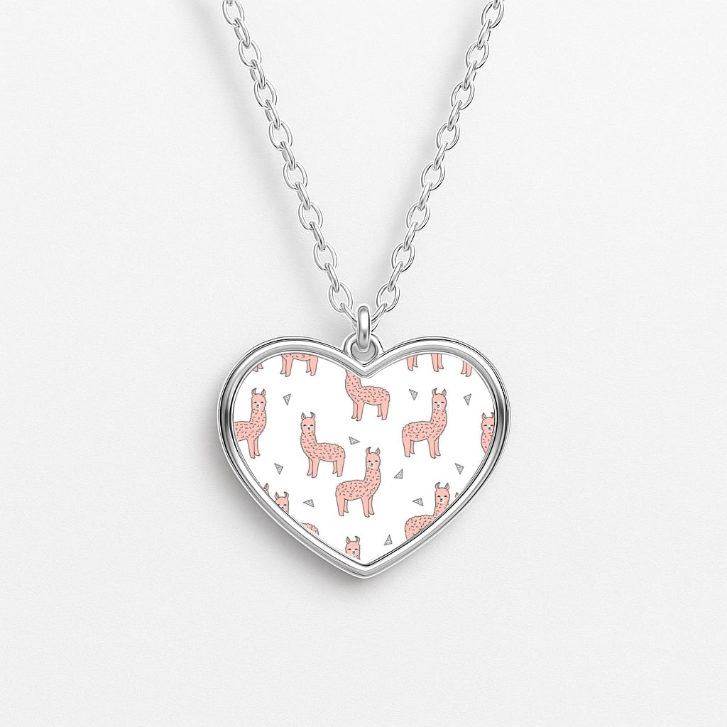 Pale Pink Alpaca Pattern Heart Necklace