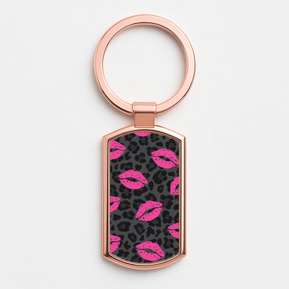 Pink Lipstick Cheetah Print Rose Gold Keyring