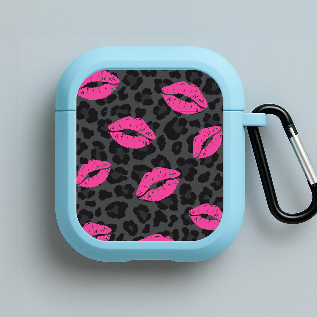 Pink Lipstick Cheetah Print Blue AirPods Case