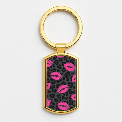 Pink Lipstick Cheetah Print Gold Keyring