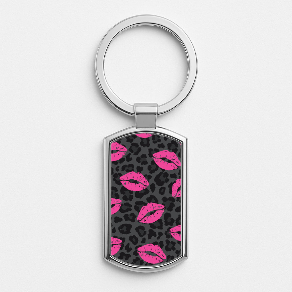 Pink Lipstick Cheetah Print Silver Keyring