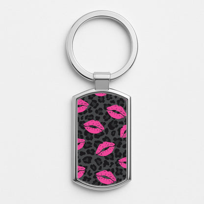Pink Lipstick Cheetah Print Silver Keyring