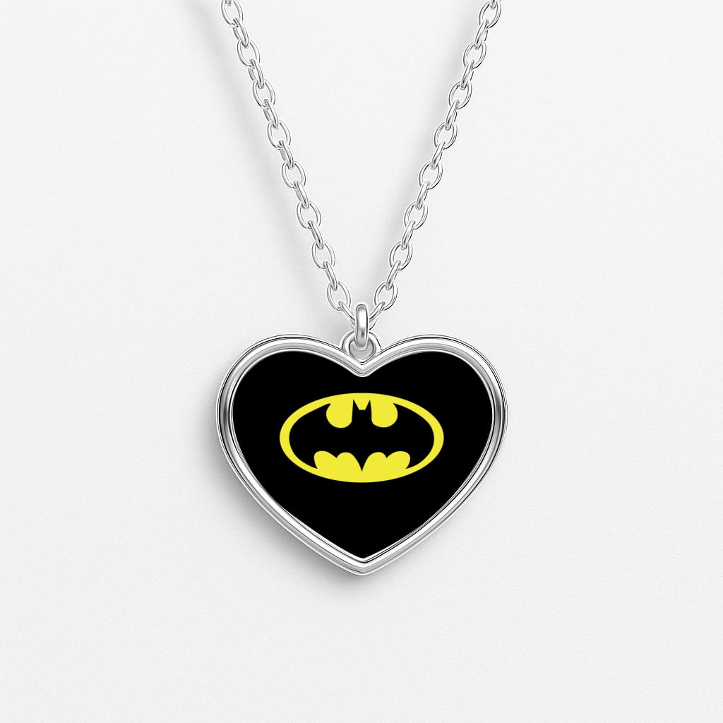 Black Bat Superhero Logo Heart Necklace