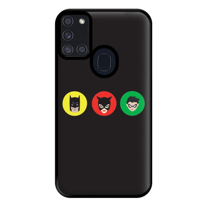 Bat Superhero, Cat Superhero & Superhero Sidekick Phone Case for Galaxy A21s