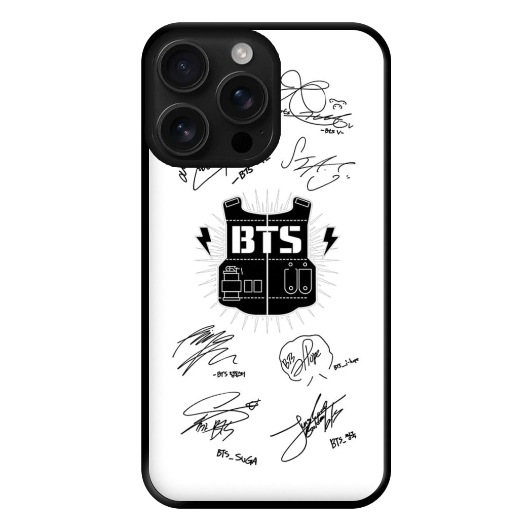 White K-Pop Band Army Logo and Signatures Phone Case for iPhone 16 Pro Max