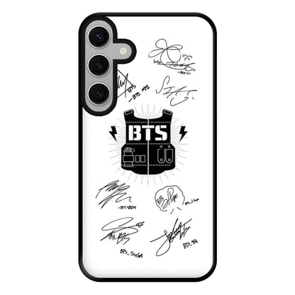 White K-Pop Band Army Logo and Signatures Phone Case for Galaxy S24FE