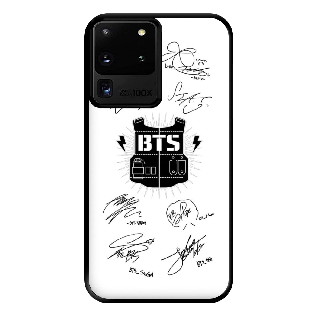 White K-Pop Band Army Logo and Signatures Phone Case for Galaxy S20 Ultra