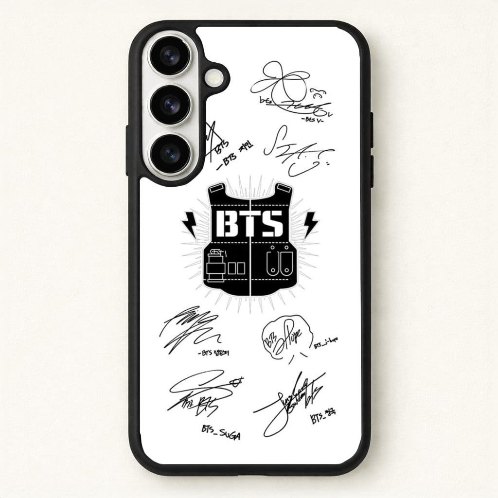 White K-Pop Band Army Logo and Signatures Phone Case for Galaxy S26 Plus