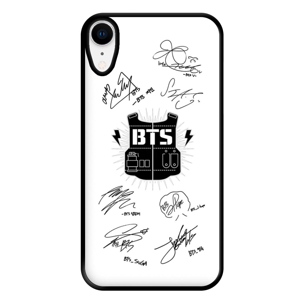 White K-Pop Band Army Logo and Signatures Phone Case for iPhone XR