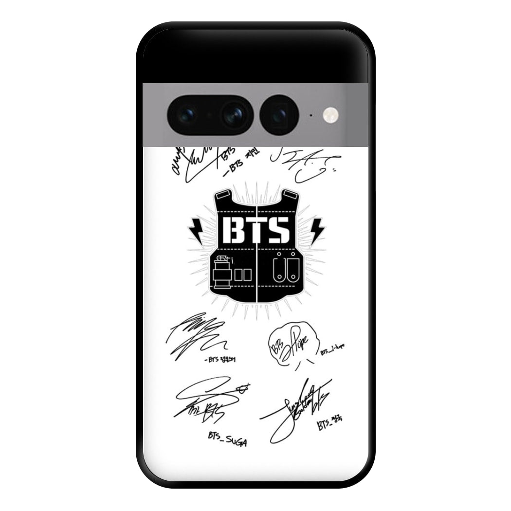 White K-Pop Band Army Logo and Signatures Phone Case for Google Pixel 7 Pro