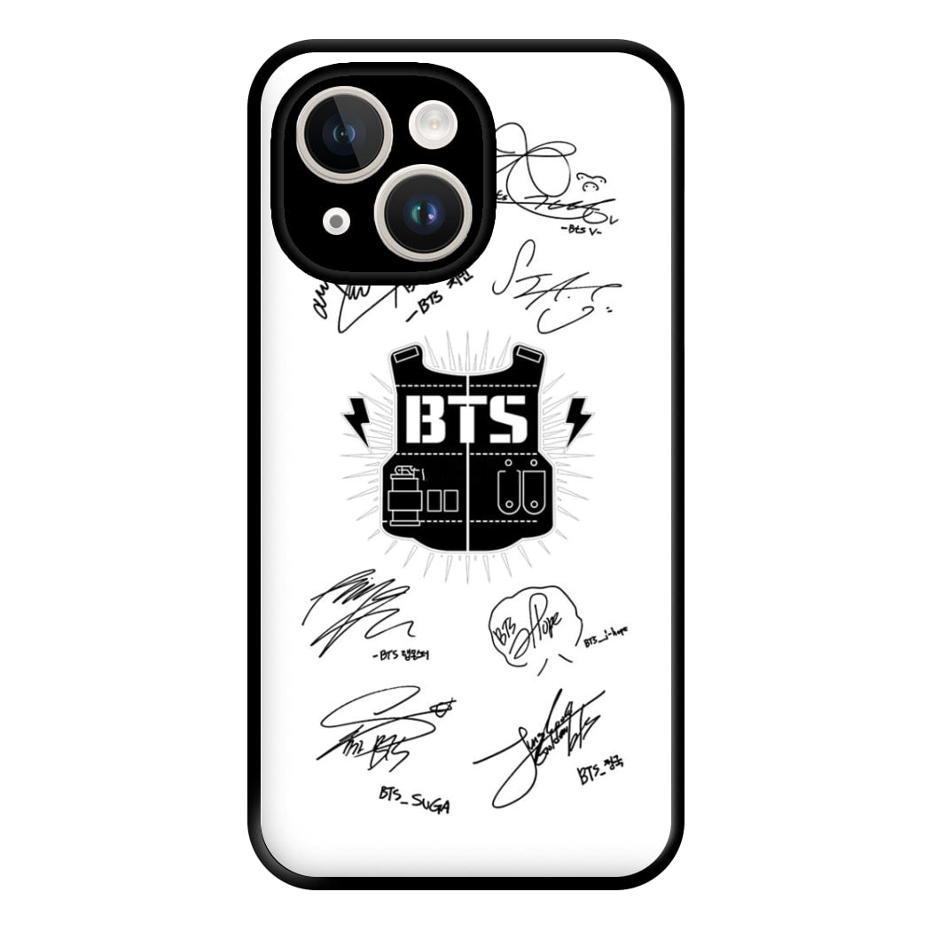 White K-Pop Band Army Logo and Signatures Phone Case for iPhone 14 Plus