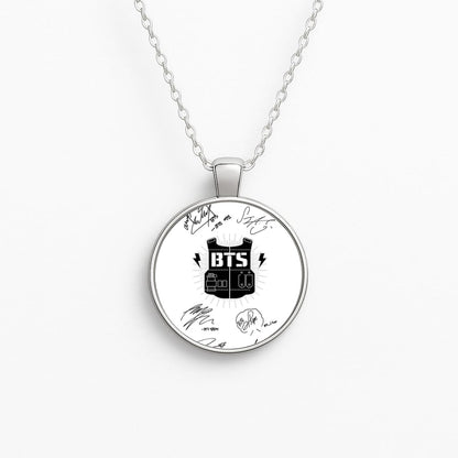 White K-Pop Band Army Logo and Signatures Circle Necklace