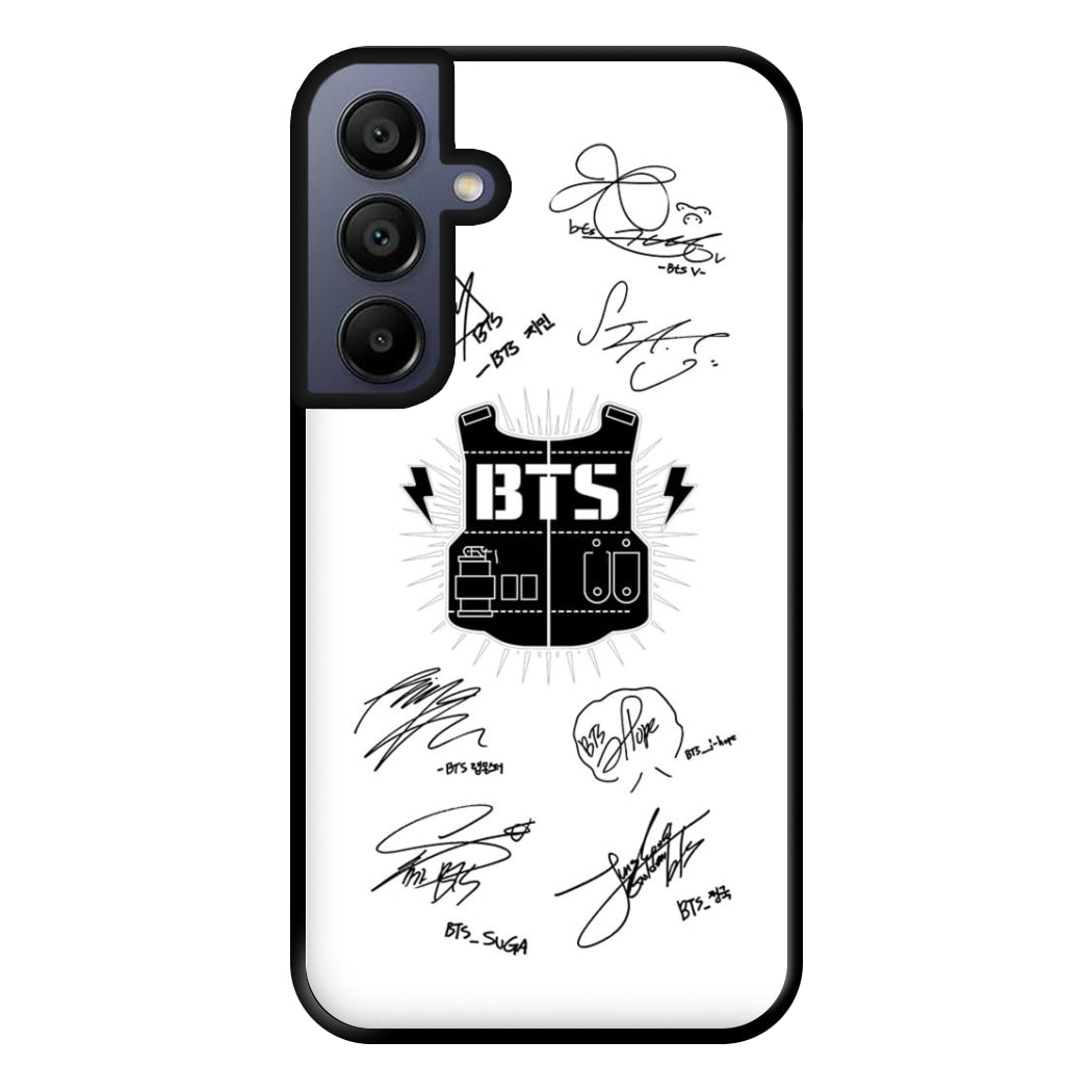 White K-Pop Band Army Logo and Signatures Phone Case for Galaxy A15