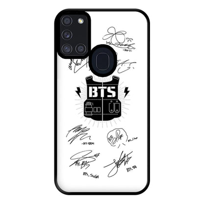 White K-Pop Band Army Logo and Signatures Phone Case for Galaxy A21s