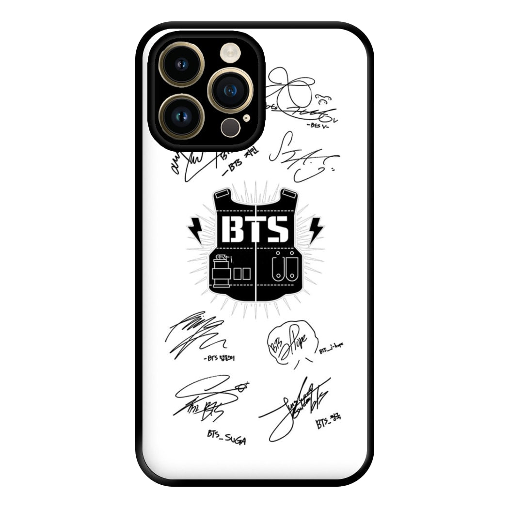 White K-Pop Band Army Logo and Signatures Phone Case for iPhone 14 Pro Max