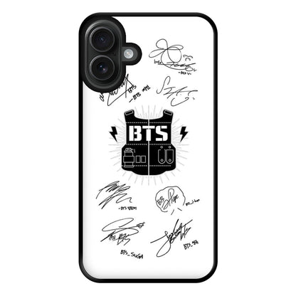 White K-Pop Band Army Logo and Signatures Phone Case for iPhone 16 Plus