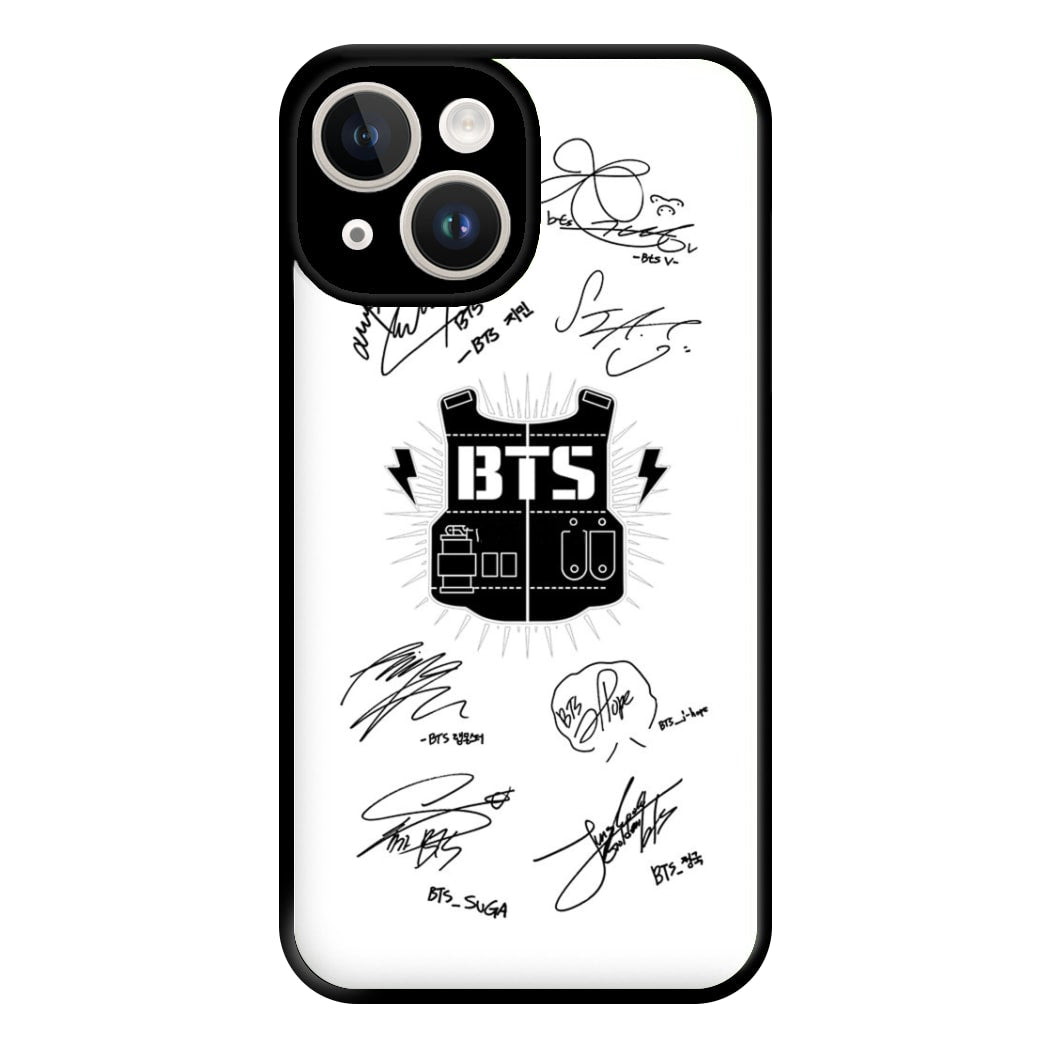 White K-Pop Band Army Logo and Signatures Phone Case for iPhone 14