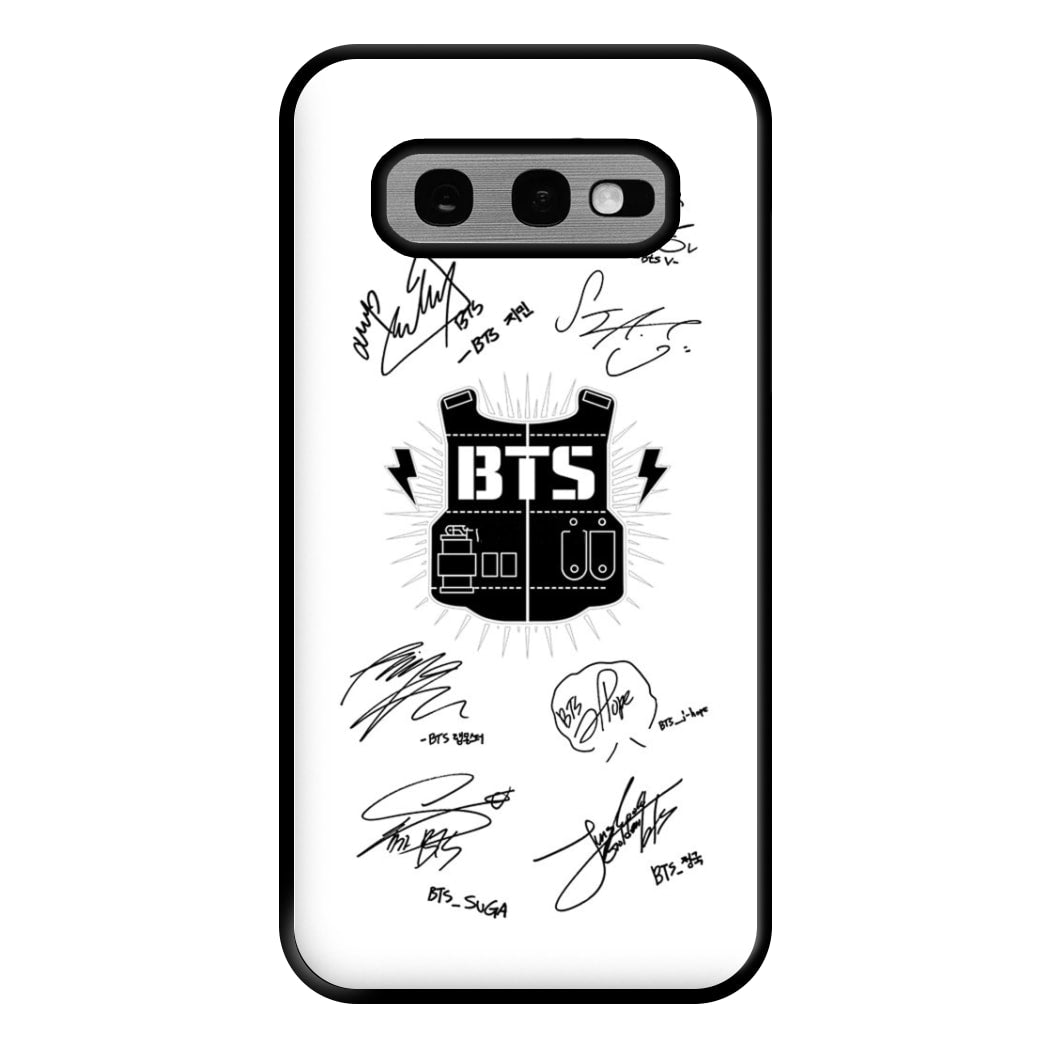 White K-Pop Band Army Logo and Signatures Phone Case for Galaxy S10e