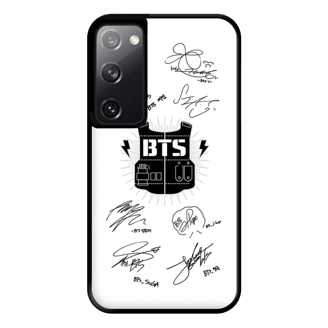 White K-Pop Band Army Logo and Signatures Phone Case for Galaxy S20