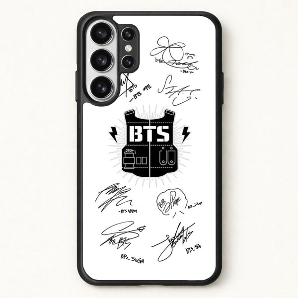 White K-Pop Band Army Logo and Signatures Phone Case for Galaxy S26 Ultra