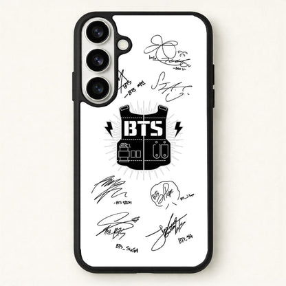White K-Pop Band Army Logo and Signatures Phone Case for Galaxy S26