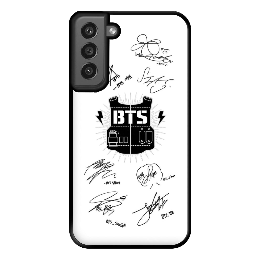 White K-Pop Band Army Logo and Signatures Phone Case for Galaxy S21FE