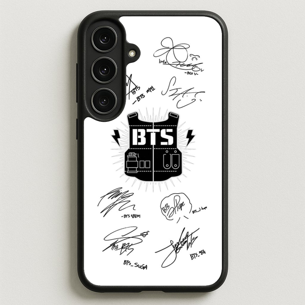 White K-Pop Band Army Logo and Signatures Phone Case for Galaxy S25FE