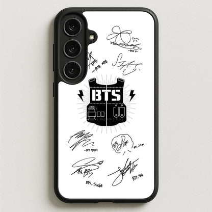 White K-Pop Band Army Logo and Signatures Phone Case for Galaxy S25FE