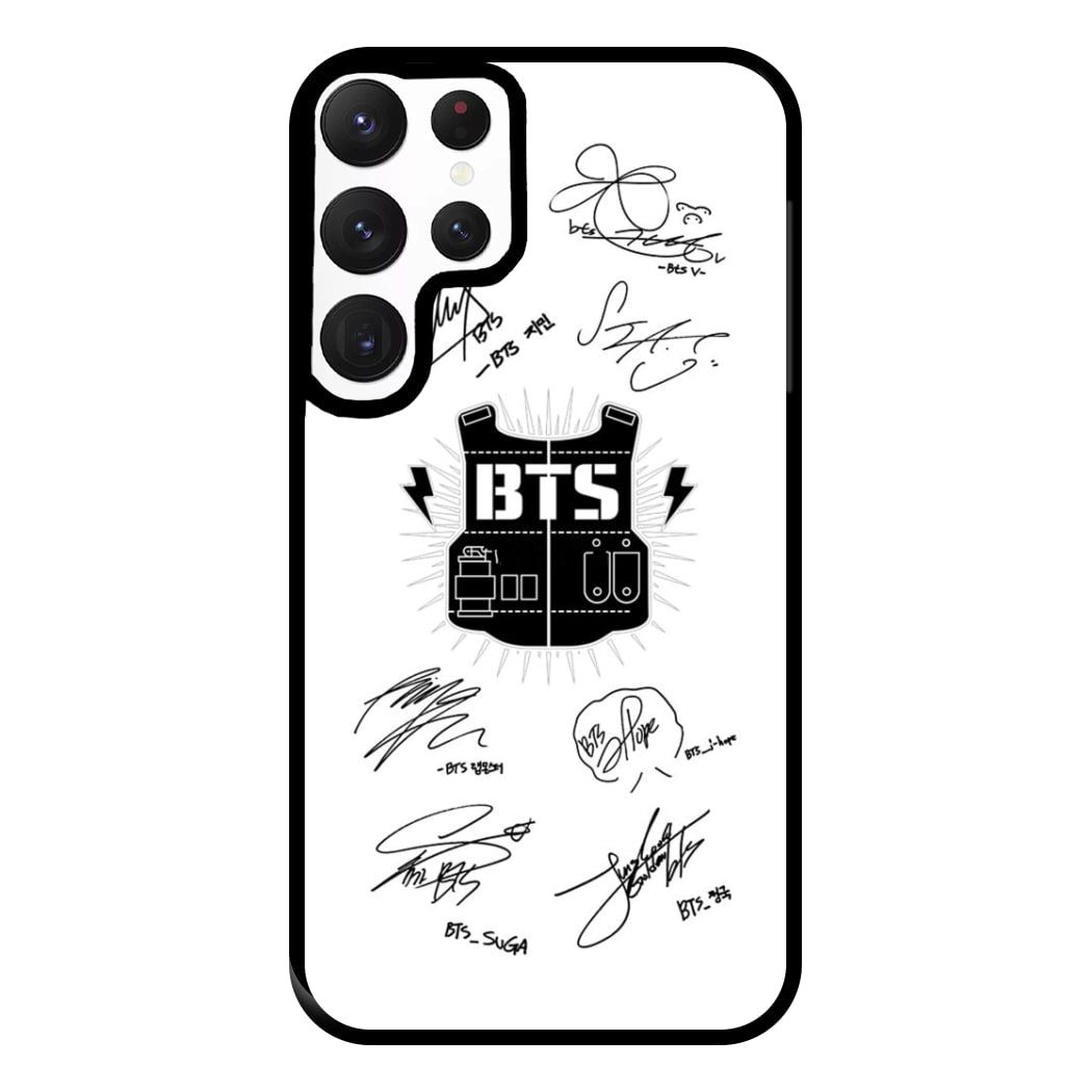 White K-Pop Band Army Logo and Signatures Phone Case for Galaxy S22 Ultra