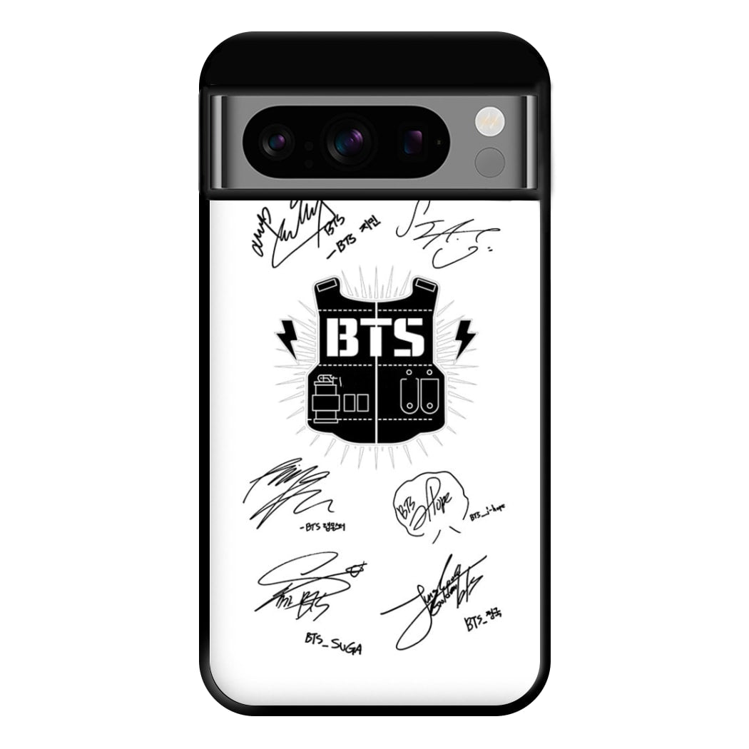 White K-Pop Band Army Logo and Signatures Phone Case for Google Pixel 8 Pro