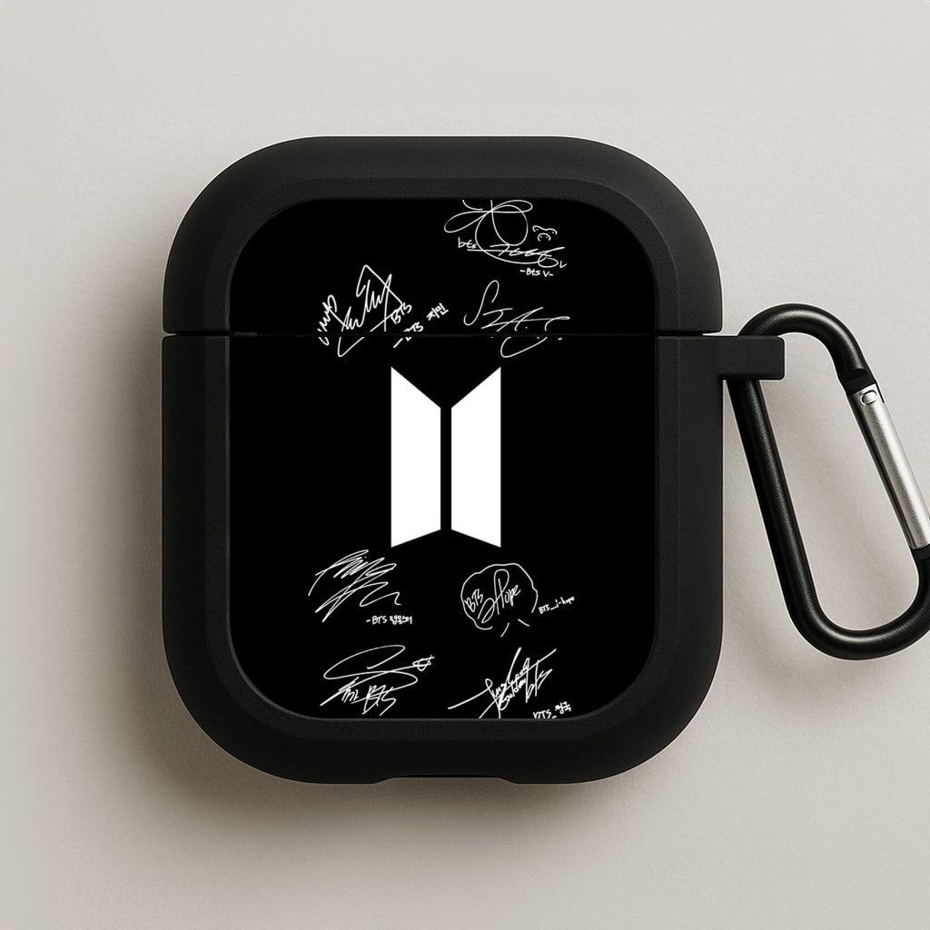 Black K-Pop Band Logo and Signatures AirPods Case