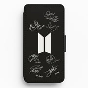 Black K-Pop Band Logo and Signatures Flip Wallet Phone Case 1