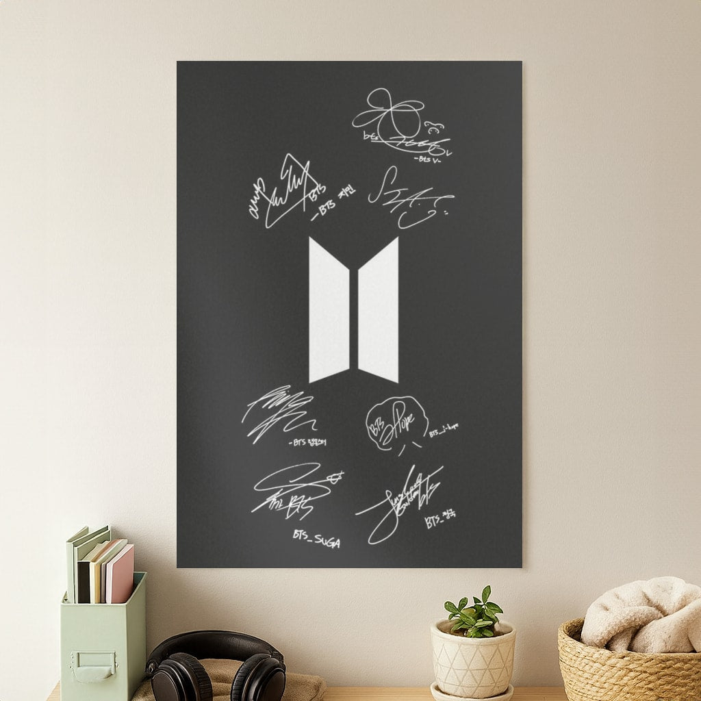 Black K-Pop Band Logo and Signatures Poster