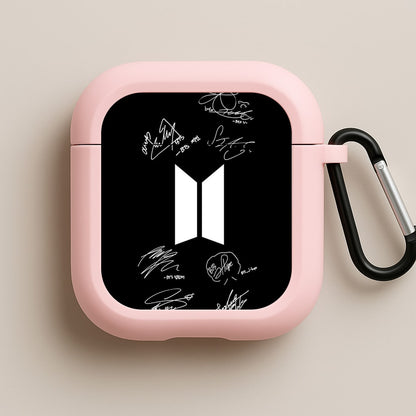 Black K-Pop Band Logo and Signatures Pink AirPods Case