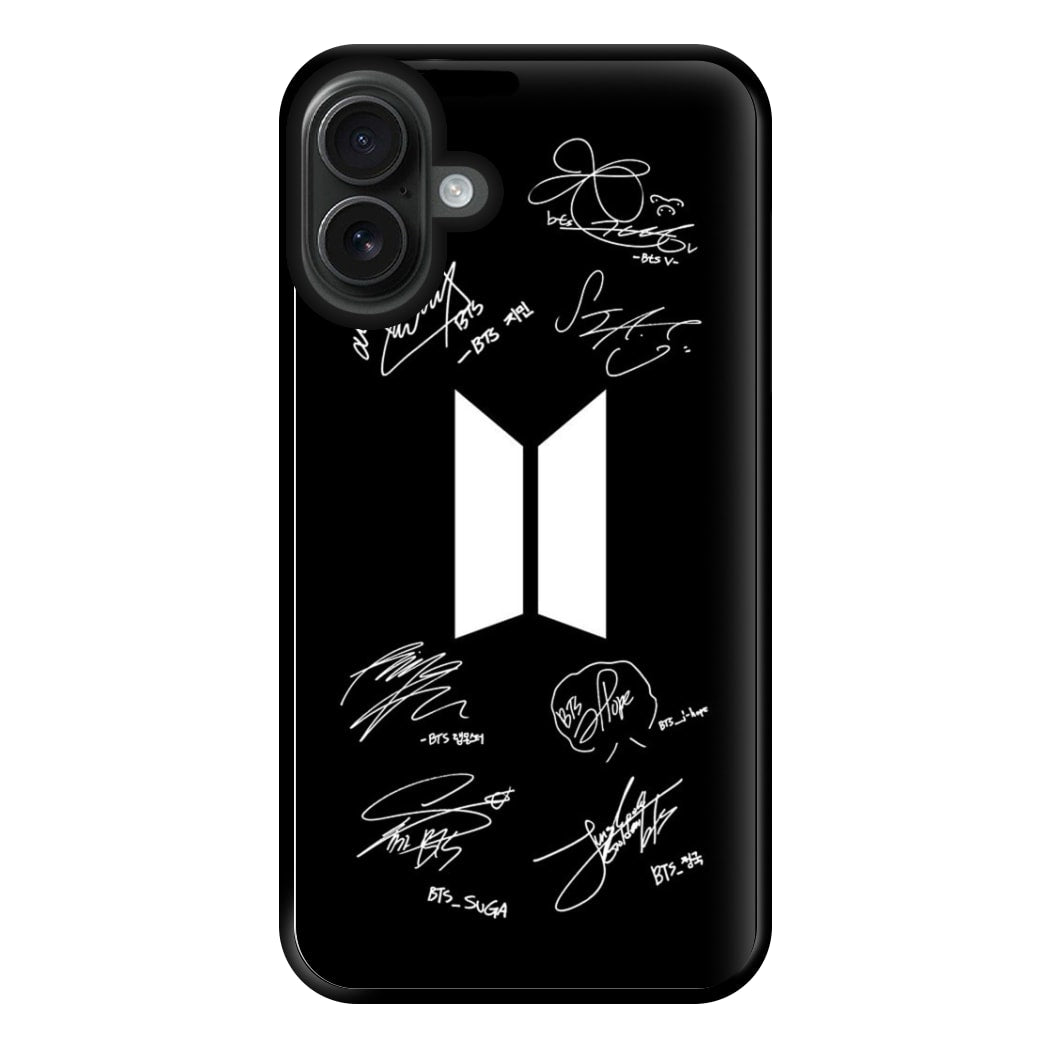 Black K-Pop Band Logo and Signatures Phone Case for iPhone 16 Plus