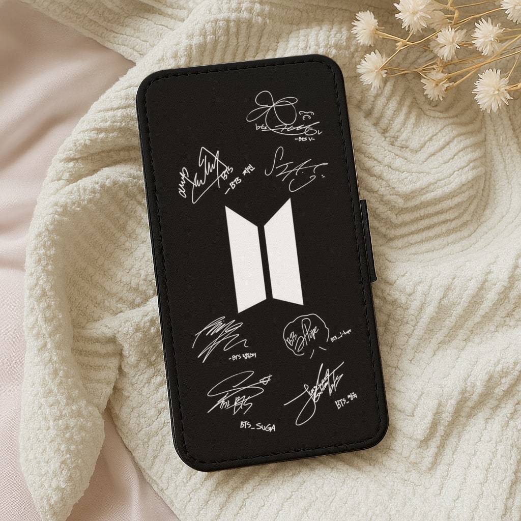 Black K-Pop Band Logo and Signatures Flip Wallet Phone Case