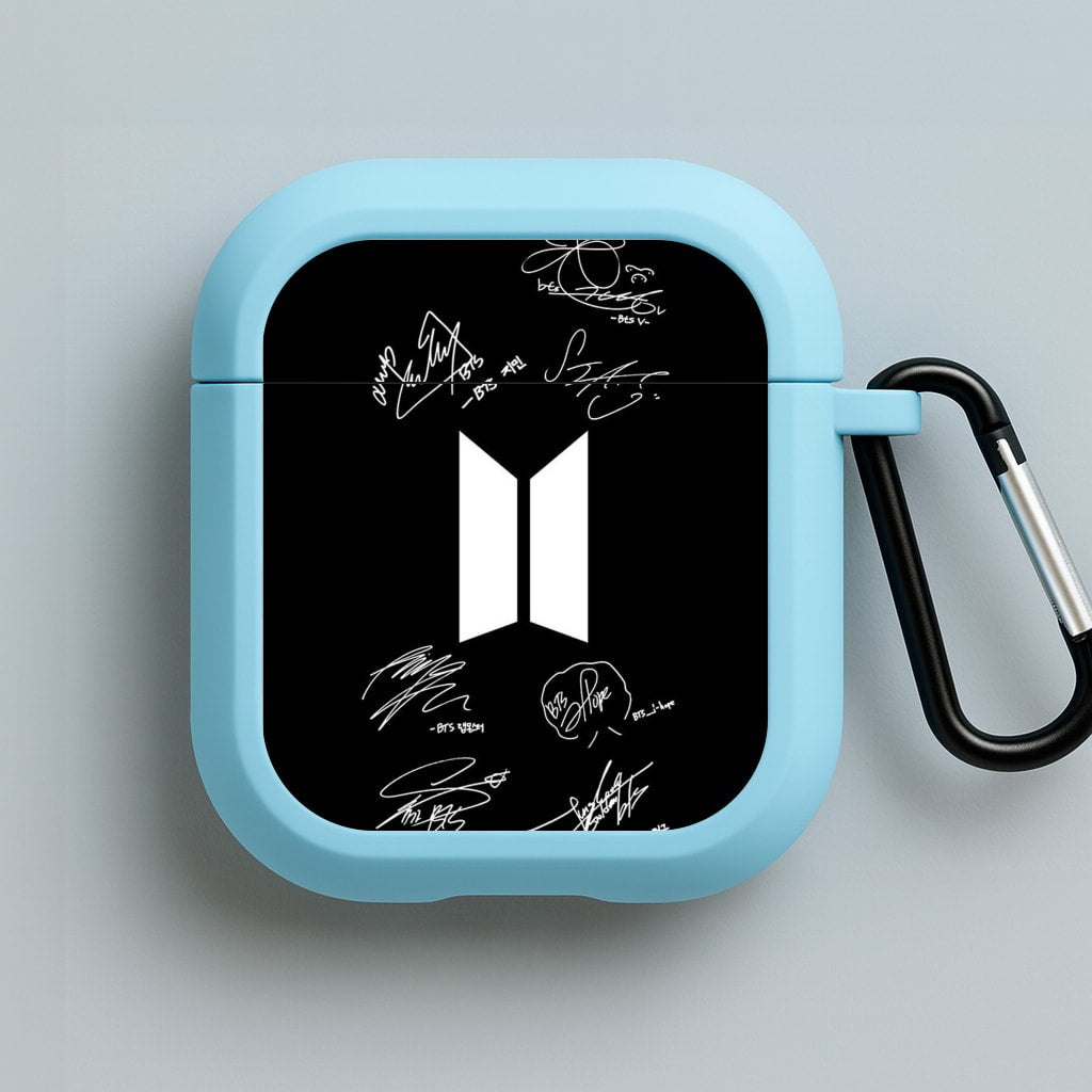 Black K-Pop Band Logo and Signatures Blue AirPods Case