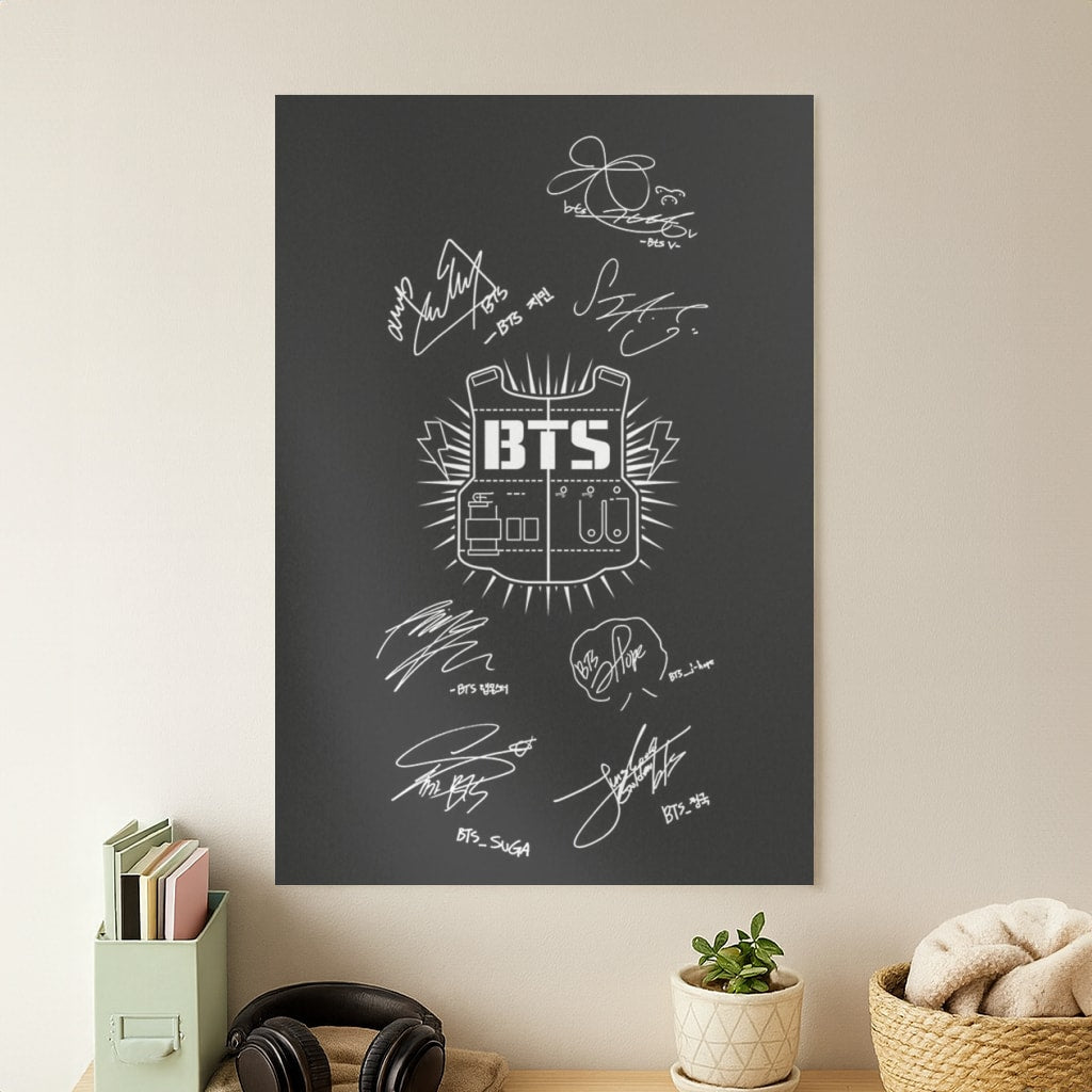 Black K-Pop Band Army Logo and Signatures Poster