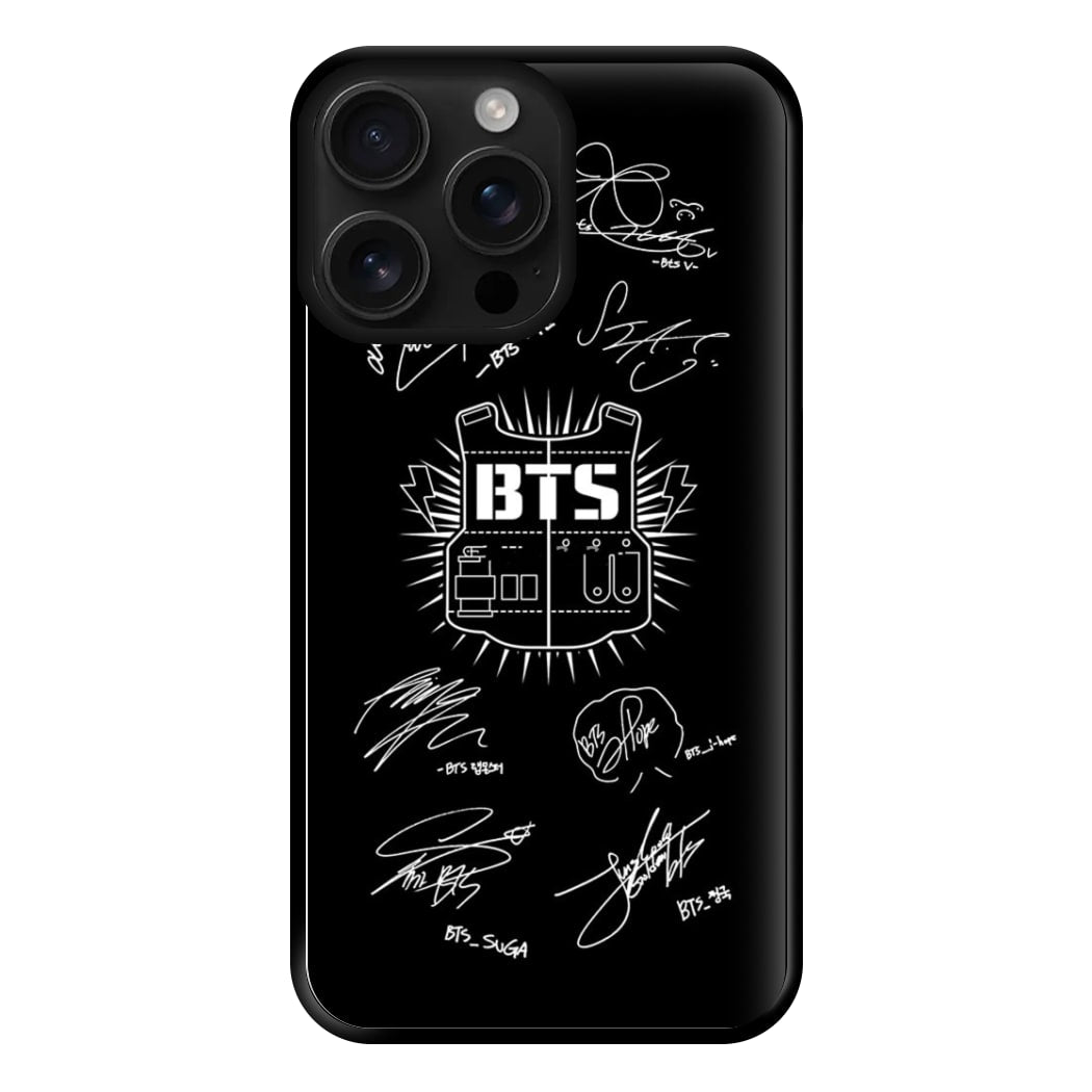 Black K-Pop Band Army Logo and Signatures Phone Case for iPhone 16 Pro Max