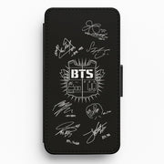Black K-Pop Band Army Logo and Signatures Flip Wallet Phone Case 1