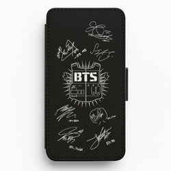 Black K-Pop Band Army Logo and Signatures Flip Wallet Phone Case