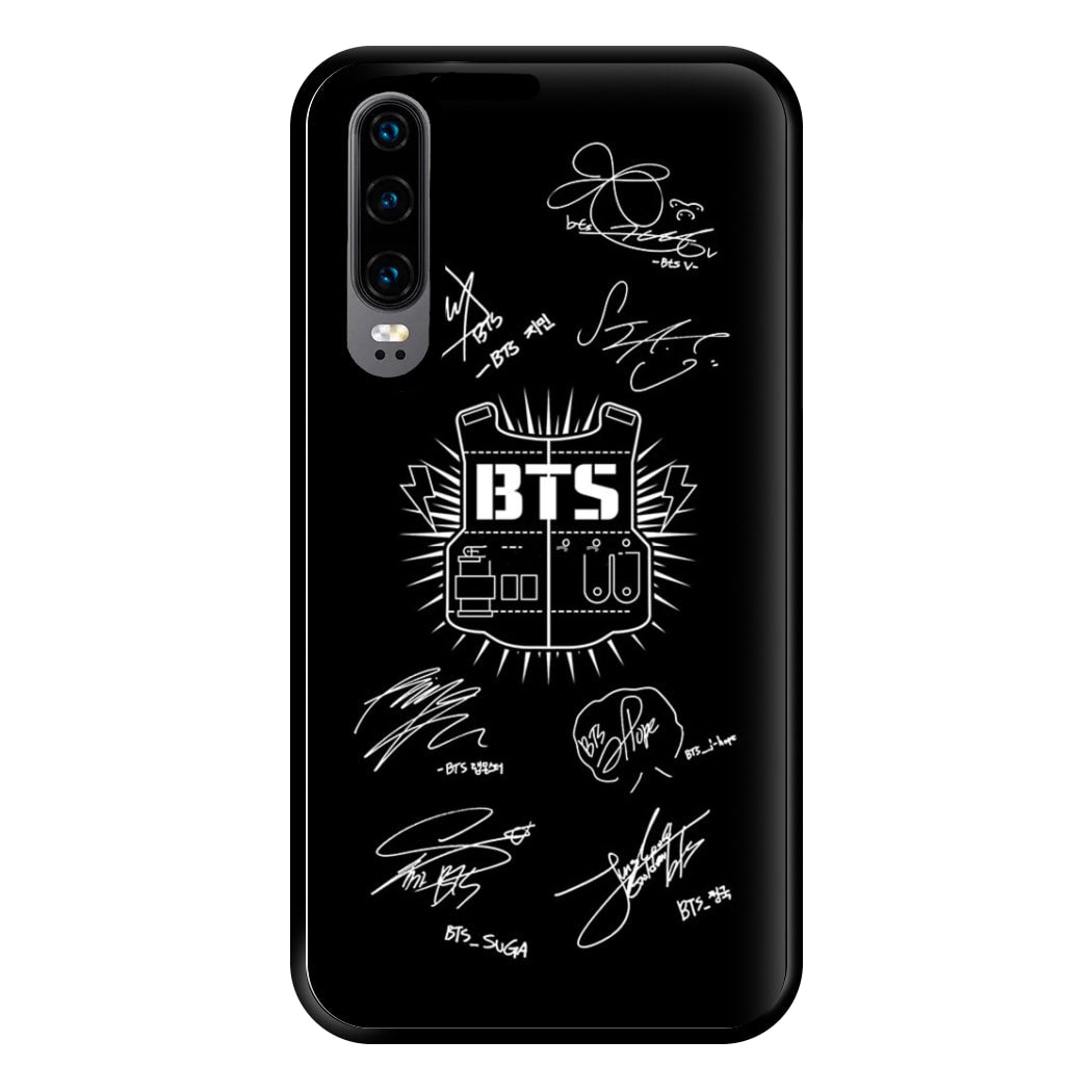 Black K-Pop Band Army Logo and Signatures Phone Case for Huawei P30