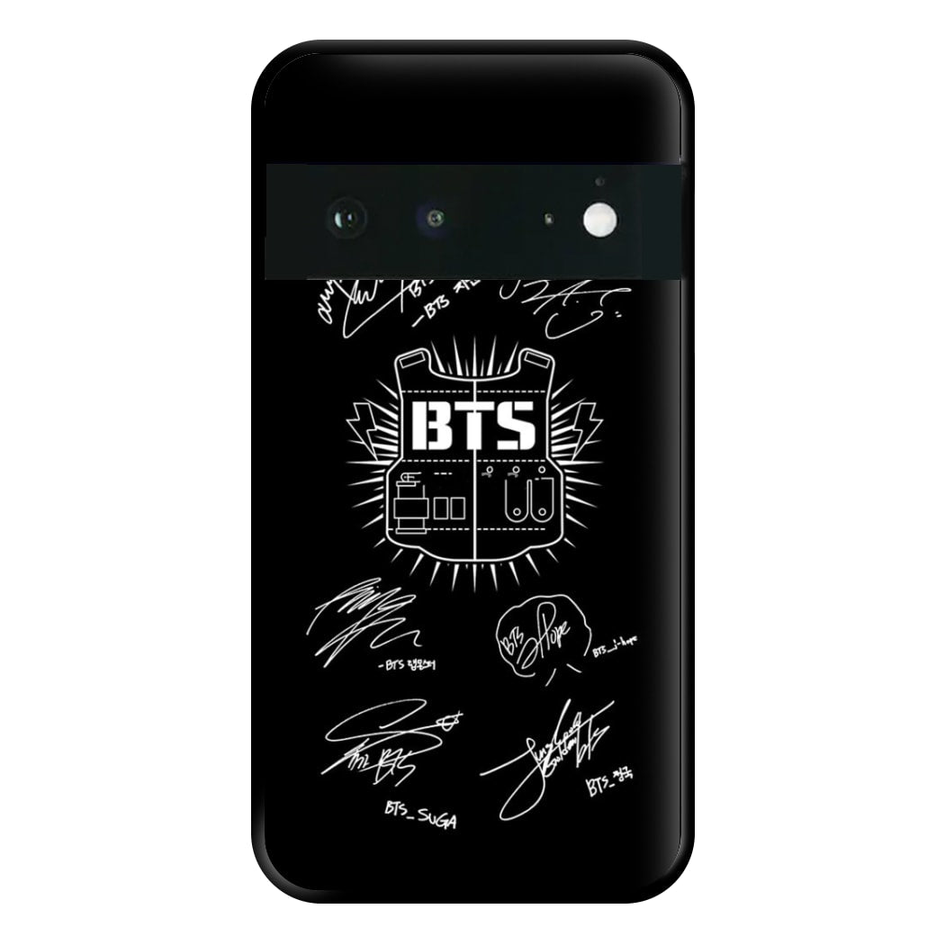 Black K-Pop Band Army Logo and Signatures Phone Case for Google Pixel 6a