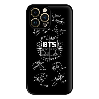 Black K-Pop Band Army Logo and Signatures Phone Case for iPhone 14 Pro Max