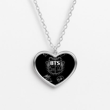 Black K-Pop Band Army Logo and Signatures Heart Necklace