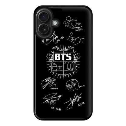 Black K-Pop Band Army Logo and Signatures Phone Case for iPhone 16 Plus